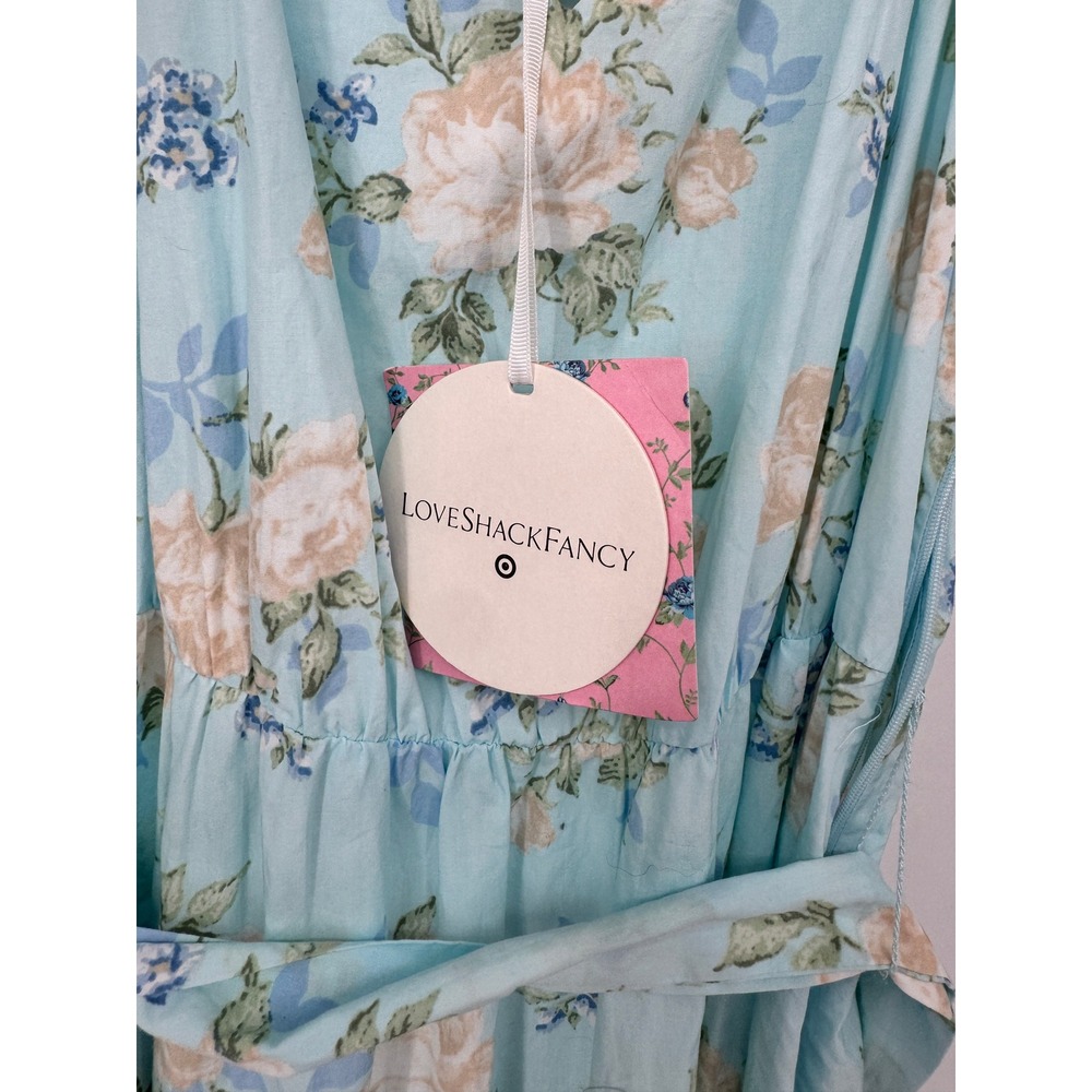 LoveShackFancy x Target Dress Womens 8 Blue NEW Floral Puff Sleeve Midi Belted - Picture 5 of 13